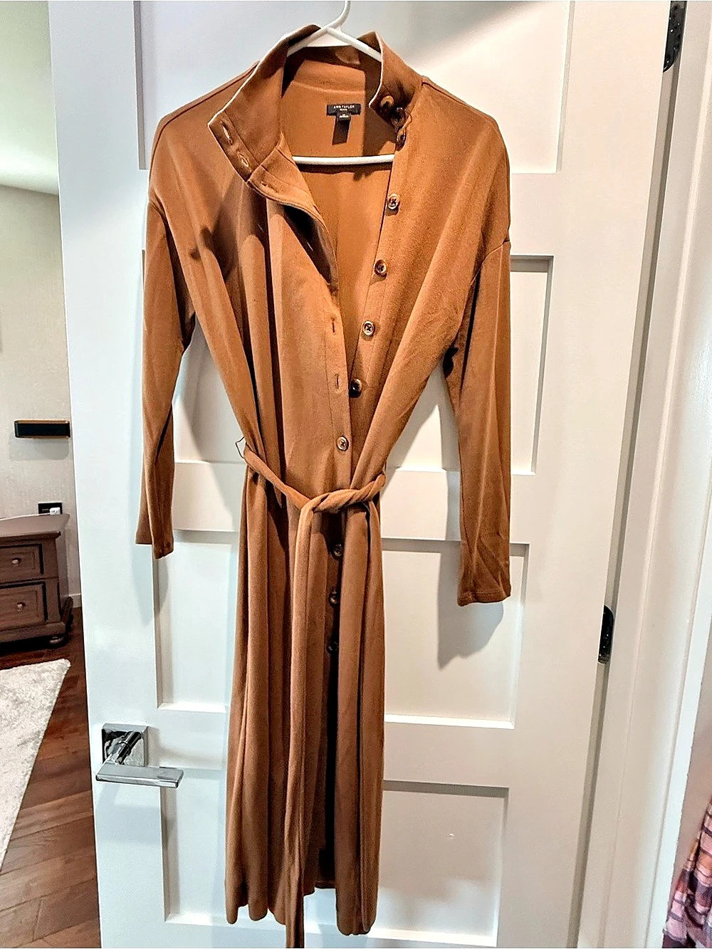 Ann Taylor Petite Camel Brown Belted Button Front Midi Dress SP
